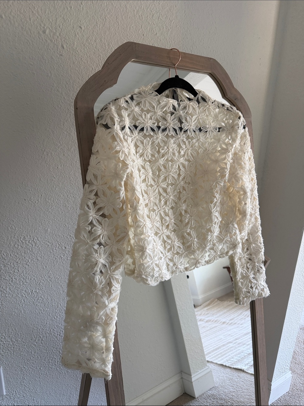 LULUS sheer Cream Floral Crochet Long sleeve top